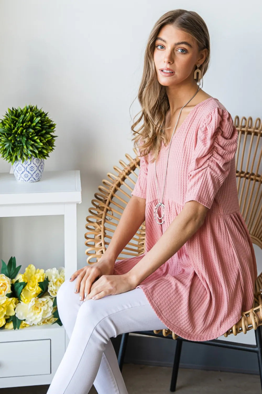 Heimish Full Size Waffle Knit V-Neck Babydoll Top - Fashorio