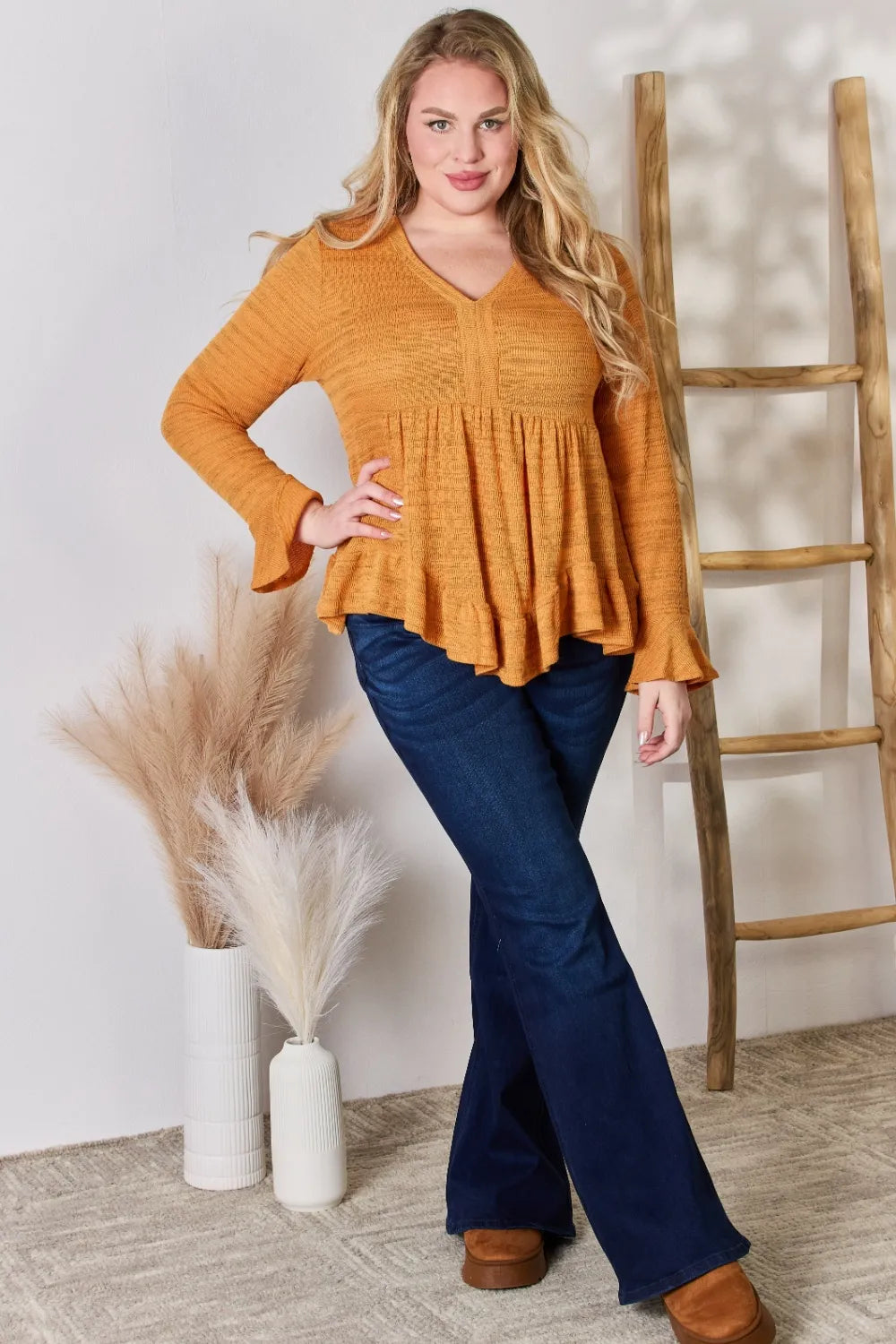 Hailey & Co Full Size V-Neck Flounce Sleeve Blouse - Fashorio