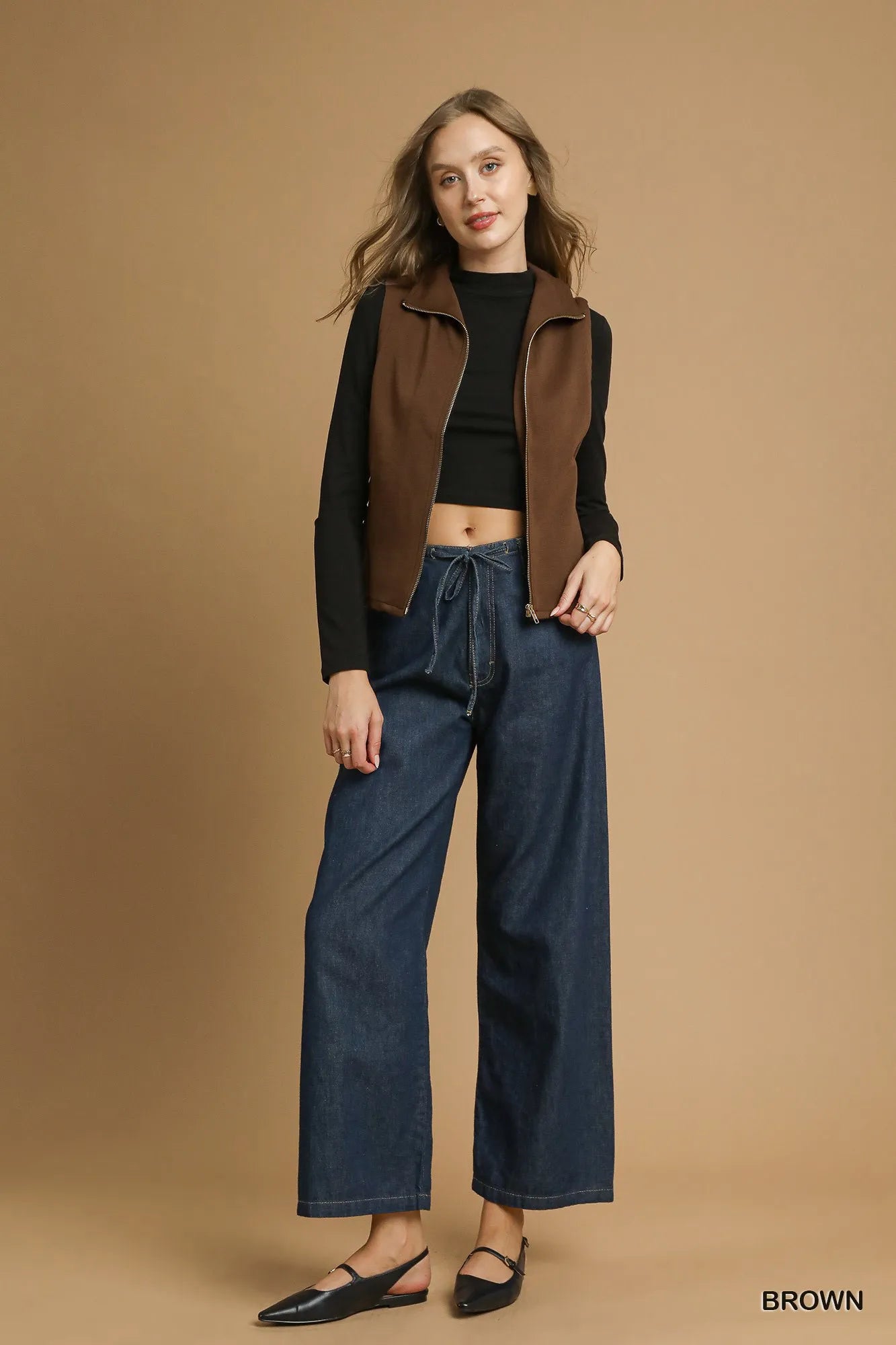 Umgee Zip-Front Fitted Vest with Pockets - Fashorio