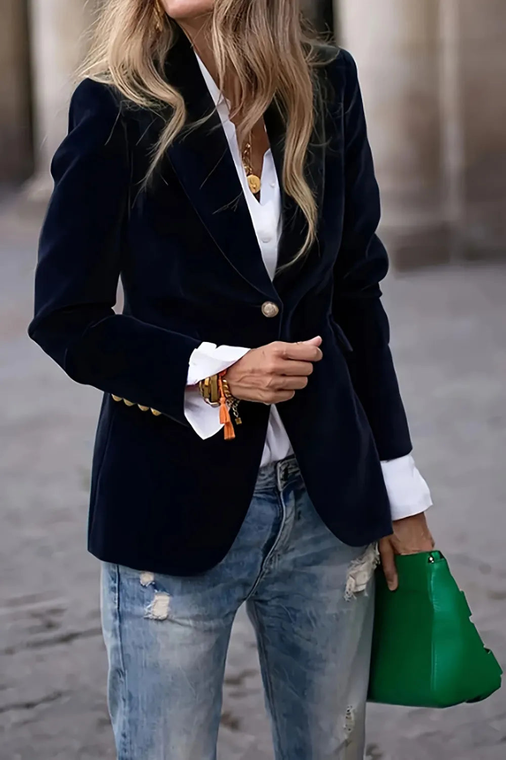 One Button Lapel Collar Long Sleeve Blazer Black - Fashorio