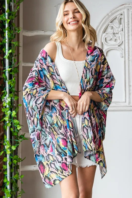 Heimish Full Size Multi Color Snake Open Cardigan Plus Size - Fashorio