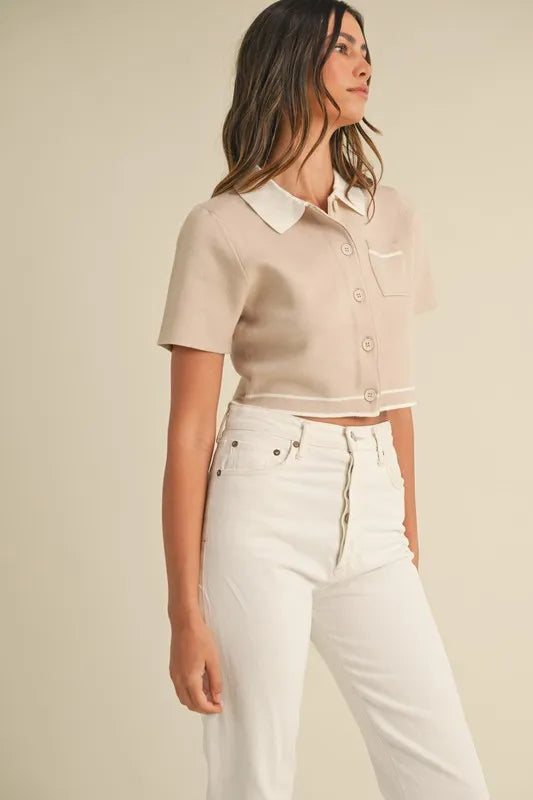 MABLE Button Down Contrast Collared Knit Cardigan - Fashorio