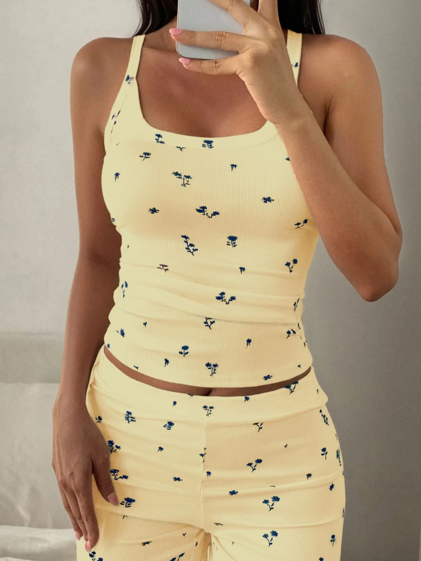 Floral Ribbed Cami and Wide Leg Pants Set Yellow - Fashorio