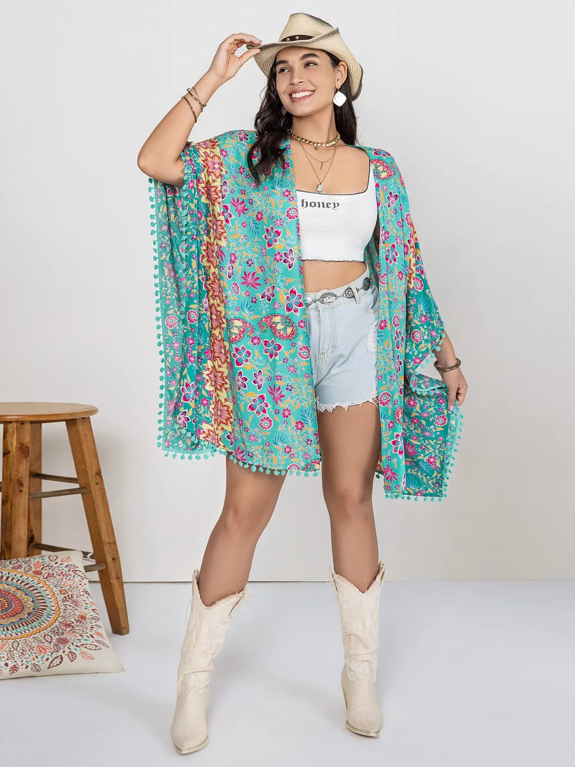 Plus Size Printed Open Front Cover-Up - Fashorio