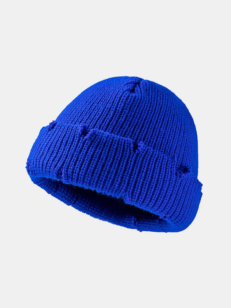 Distressed Cuffed Knit Hat Royal Blue One Size - Fashorio