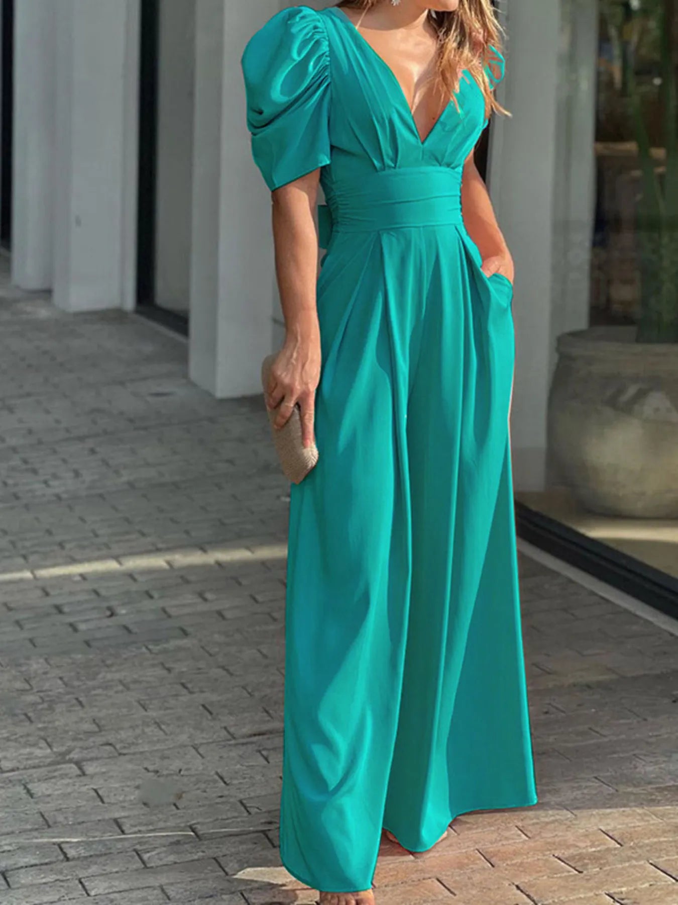 Full Size Cutout V-Neck Puff Sleeve Jumpsuit Plus Size Green - Fashorio