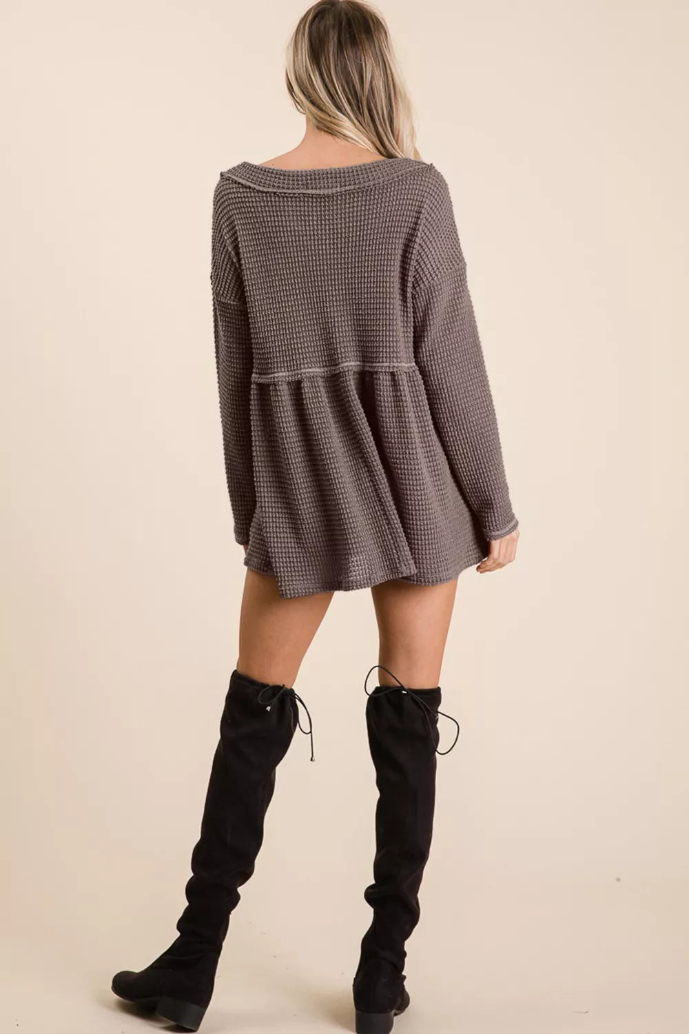 BiBi Waffle Knit V-Neck Babydoll Blouse - Fashorio