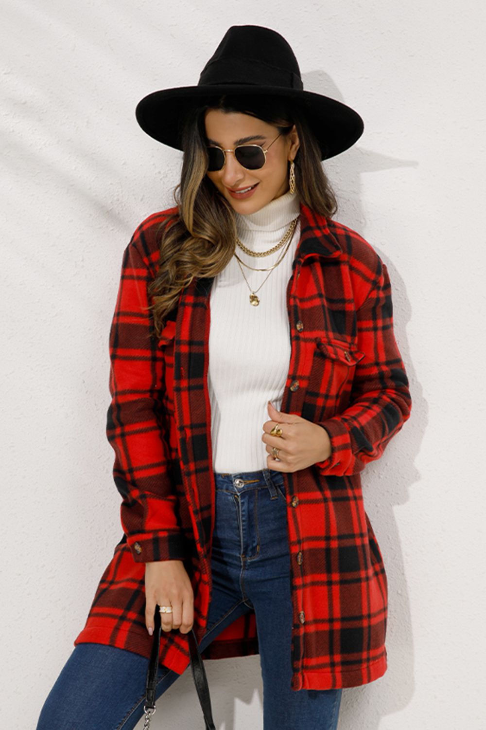 Shiny Plaid Collared Longline Coat - Fashorio