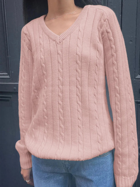 Cable Knit V-Neck Pullover Sweater - Fashorio