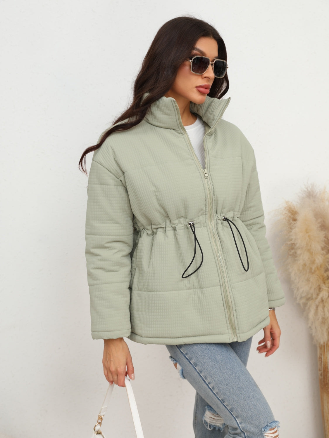 Drawstring Waist Zip-Up Puffer Jacket - Fashorio