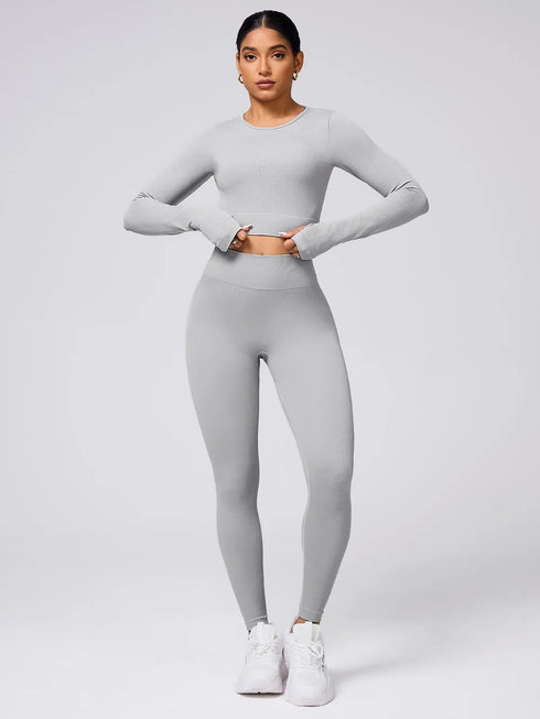 Back Crisscross Round Neck Long Sleeve Top and Leggings Active Set Light Gray - Fashorio