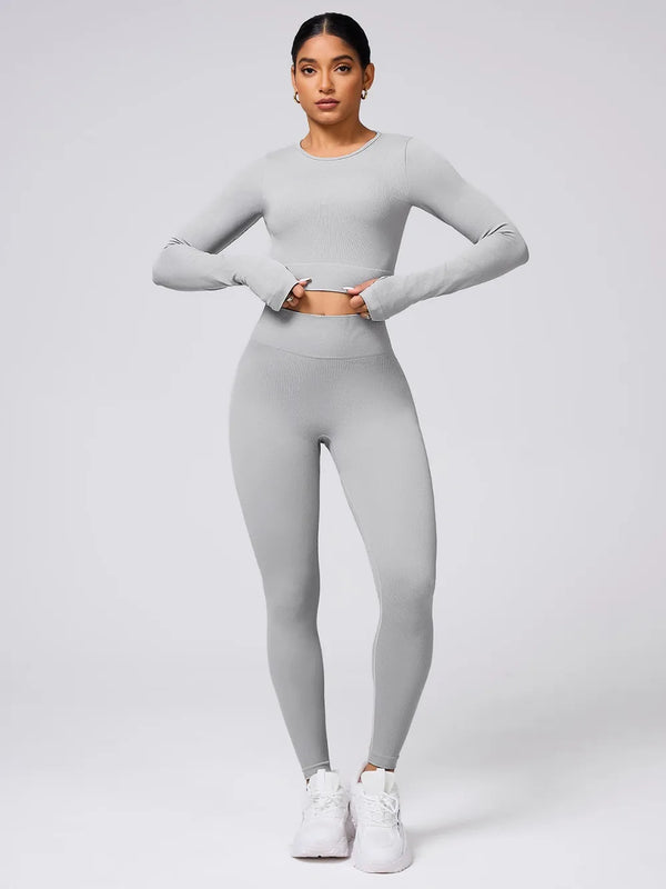 Back Crisscross Round Neck Long Sleeve Top and Leggings Active Set Light Gray - Fashorio