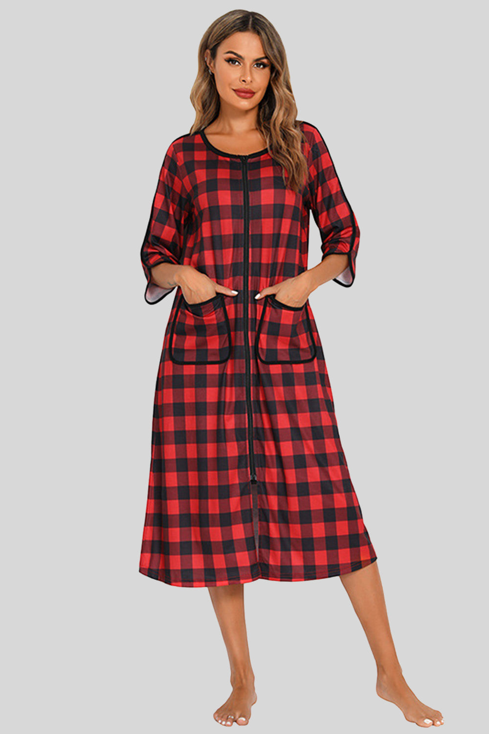 Round Neck Three-Quarter Sleeve Midi Night Dress Wine - Fashorio