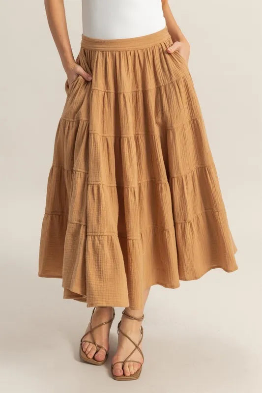 HYFVE Double Gauze Tiered Midi Skirt with Pockets Camel - Fashorio