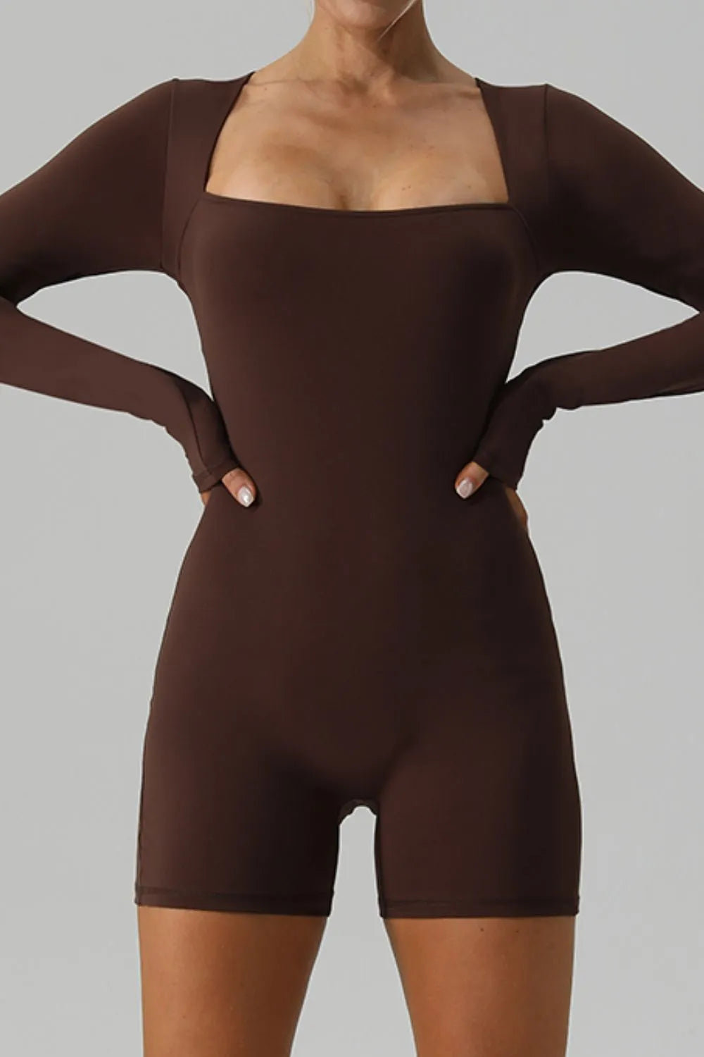 Square Neck Long Sleeve Active Romper - Fashorio