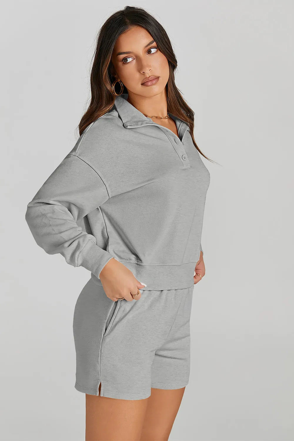 Half Button Sweatshirt and Shorts Active Set - Fashorio