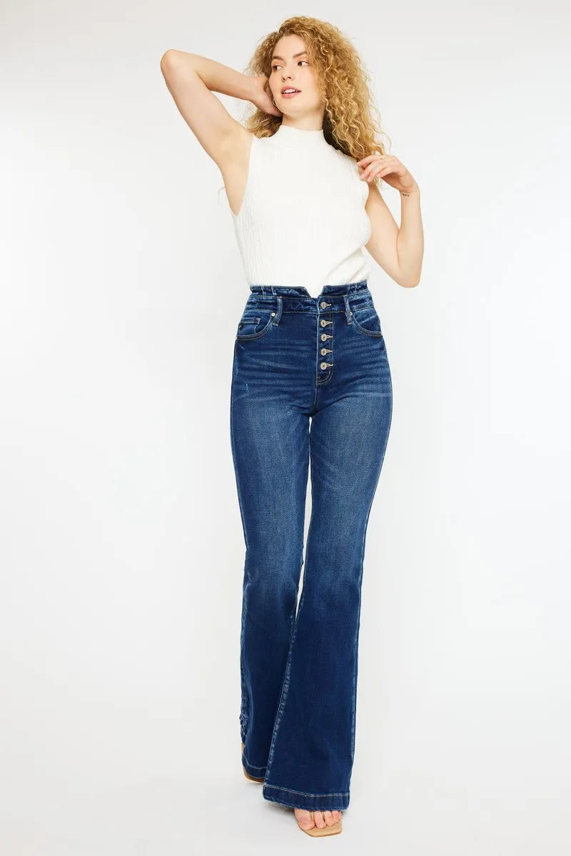Kancan Button Fly High Rise Flare Jeans DARK - Fashorio