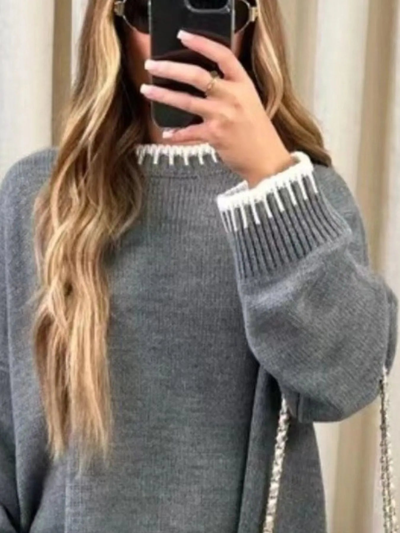 Contrast Trim Round Neck Top and Pants Sweater Set Gray - Fashorio
