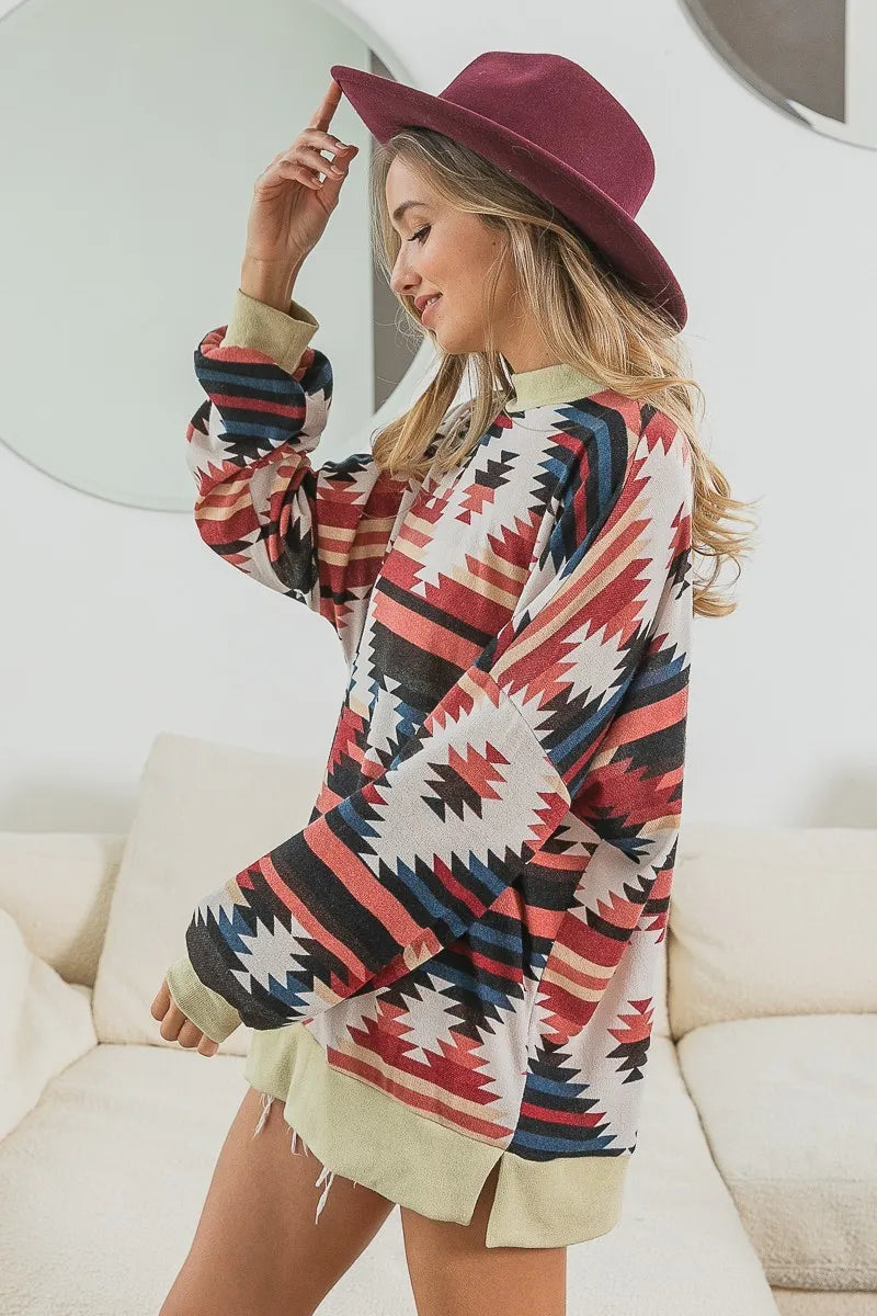 BiBi Aztec Print Mirr Mock Neck Lslv Top - Fashorio