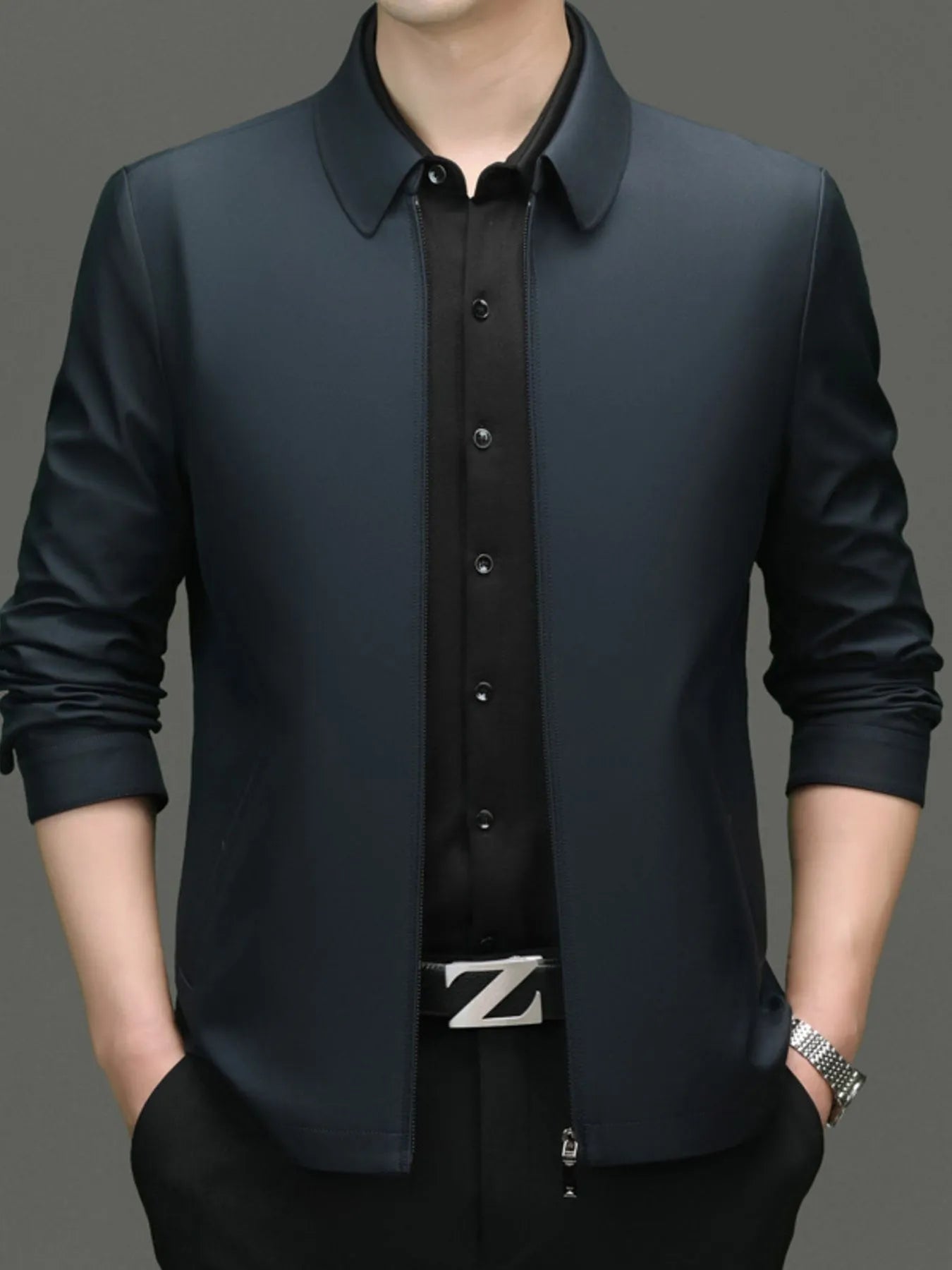 Men's Plus Size Zip Up Long Sleeve Jacket Navy Blue - Fashorio