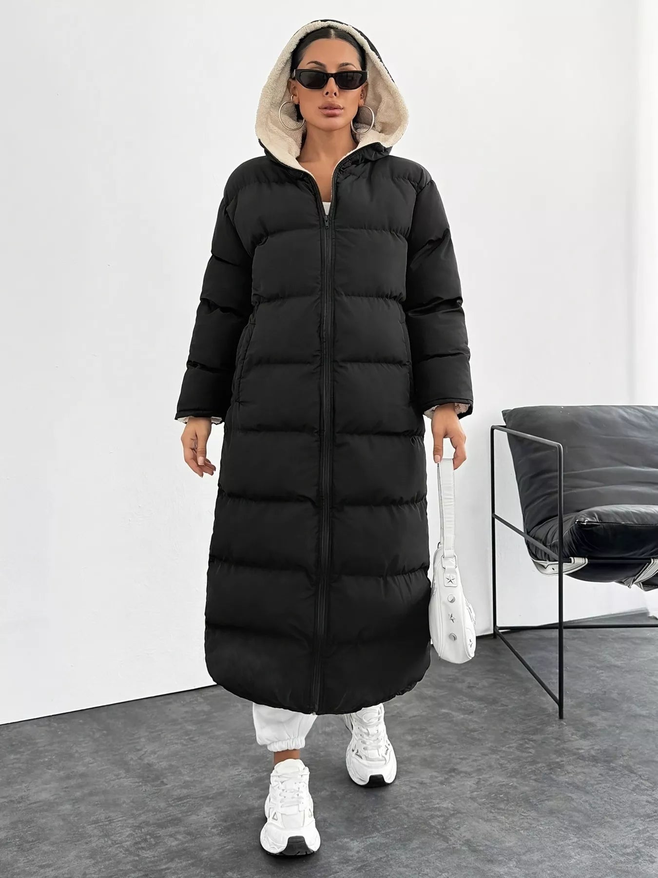 Quilted Hooded Longline Puffer Coat Black - Fashorio