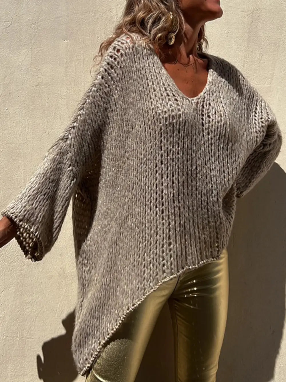 Contrast V-Neck Long Sleeve Sweater - Fashorio
