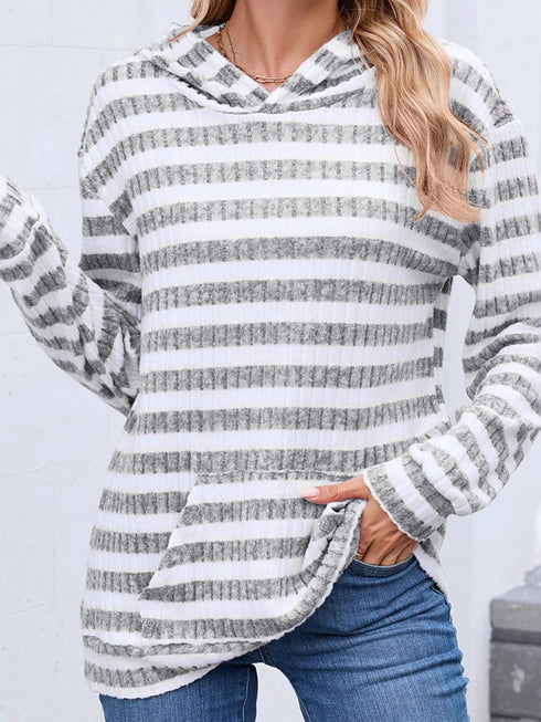 Striped Ribbed Knit Hoodie with Kangaroo Pocket Light Gray - Fashorio