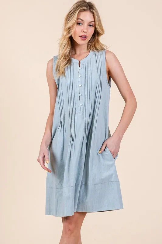 Lime 'N' Chili Denim Pintuck Detail Sleeveless Midi Dress - Fashorio