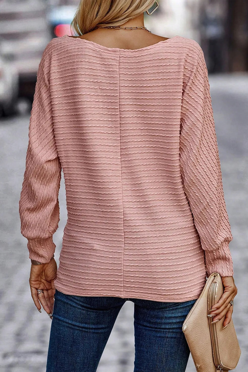 Texture Round Neck Long Sleeve Top - Fashorio