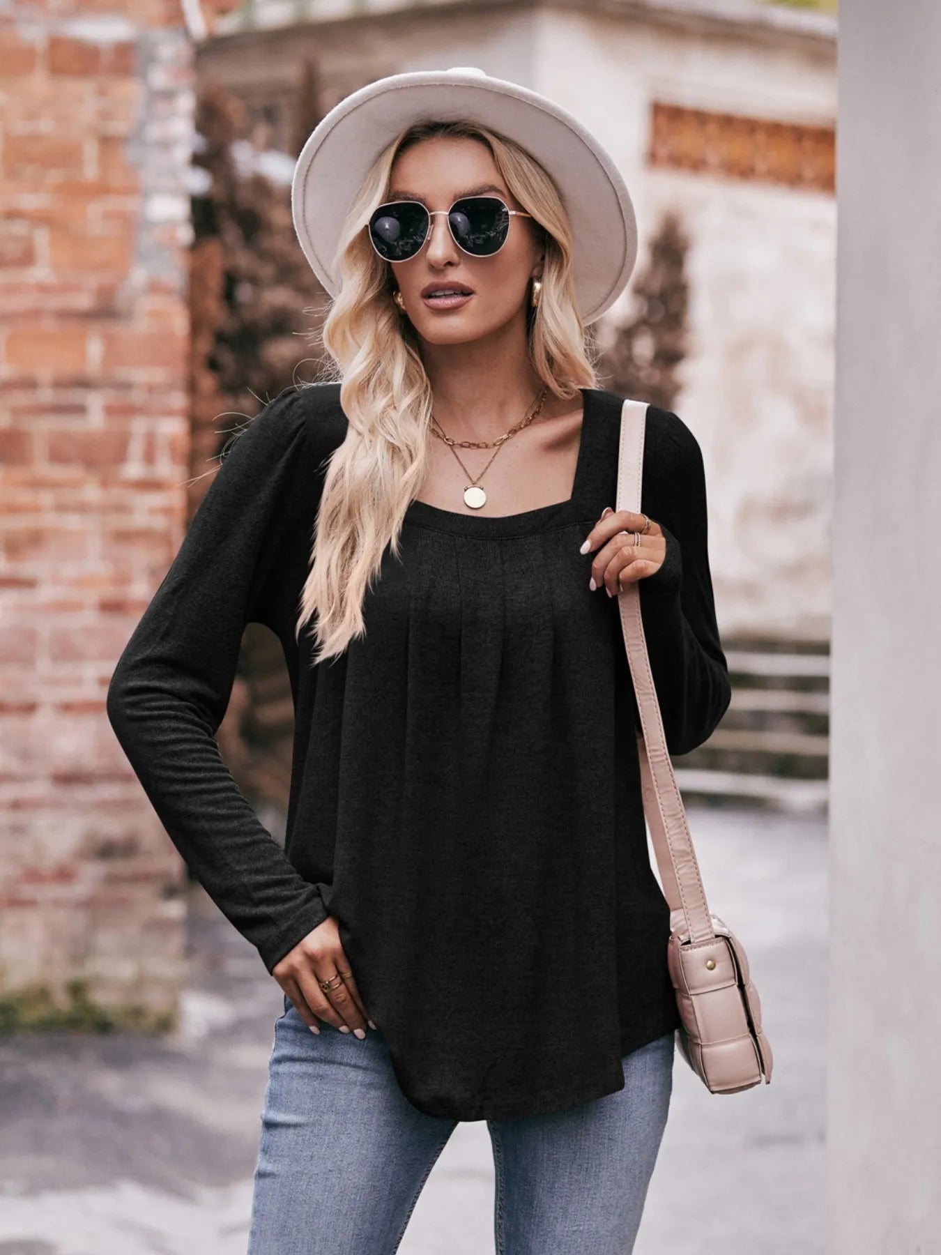 Square Neck Long Sleeve T-Shirt Black - Fashorio