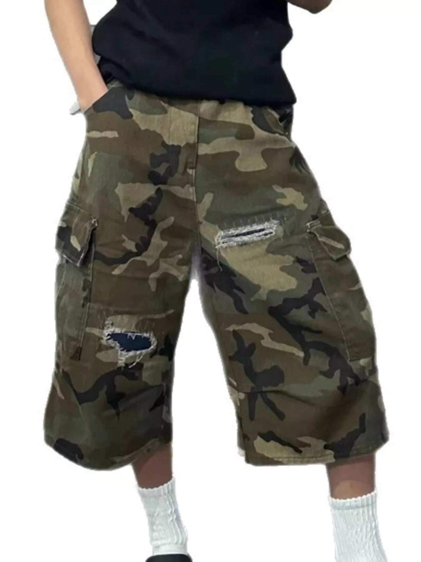 Men's Full Size Camouflage Cargo Denim Shorts with Distressed Details Plus Size - Fashorio