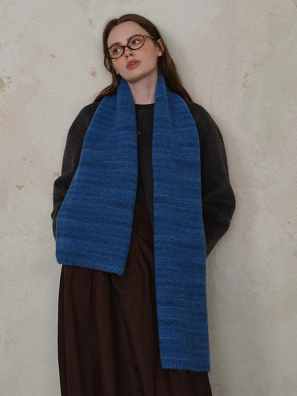 Striped Detail Knit Scarf Royal Blue One Size - Fashorio