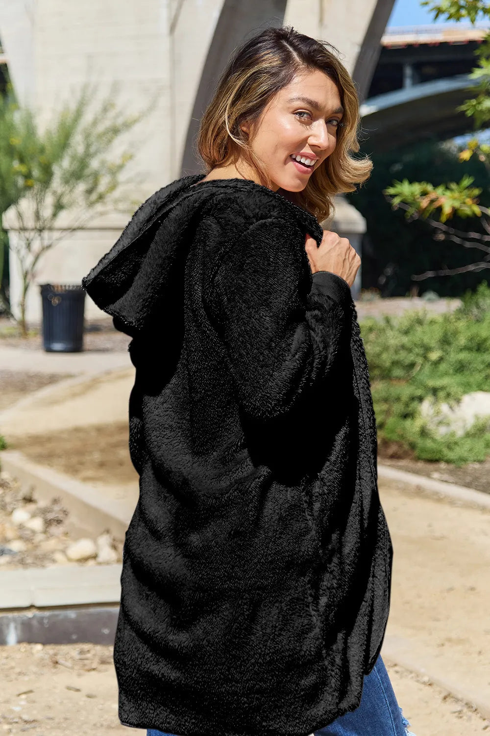 Double Take Full Size Hooded Teddy Bear Jacket with Thumbholes - Fashorio
