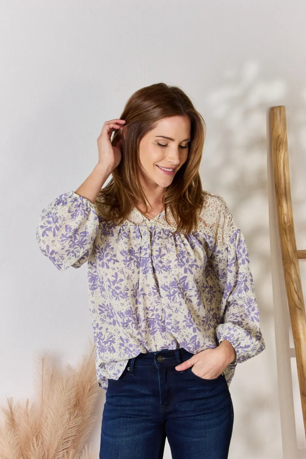 Hailey & Co Full Size Lace Detail Printed Blouse - Fashorio