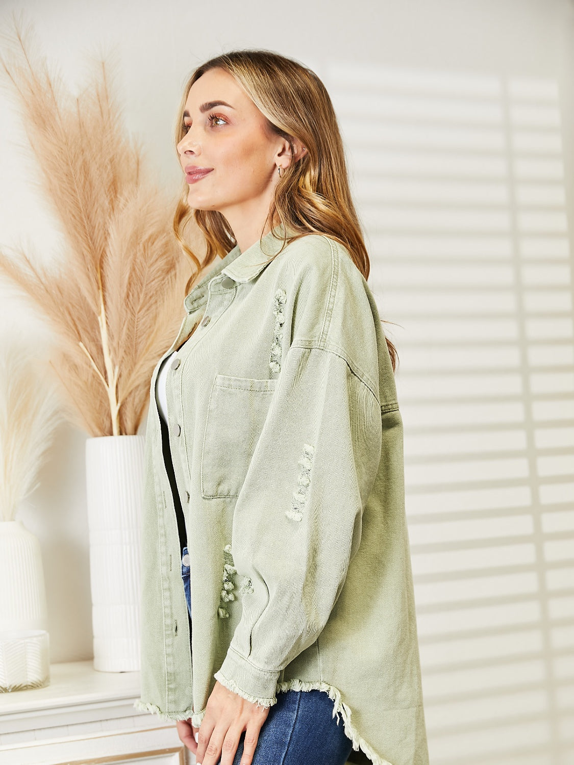 Distressed Raw Hem Denim Jacket - Fashorio