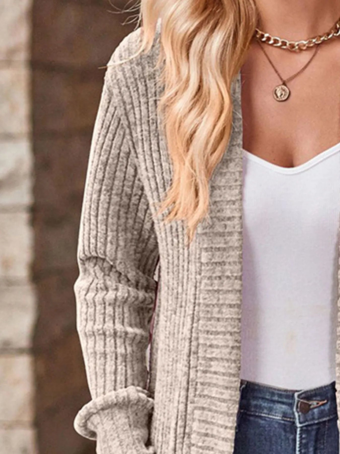 Ribbed Knit Open Front Cardigan with Pockets - Fashorio