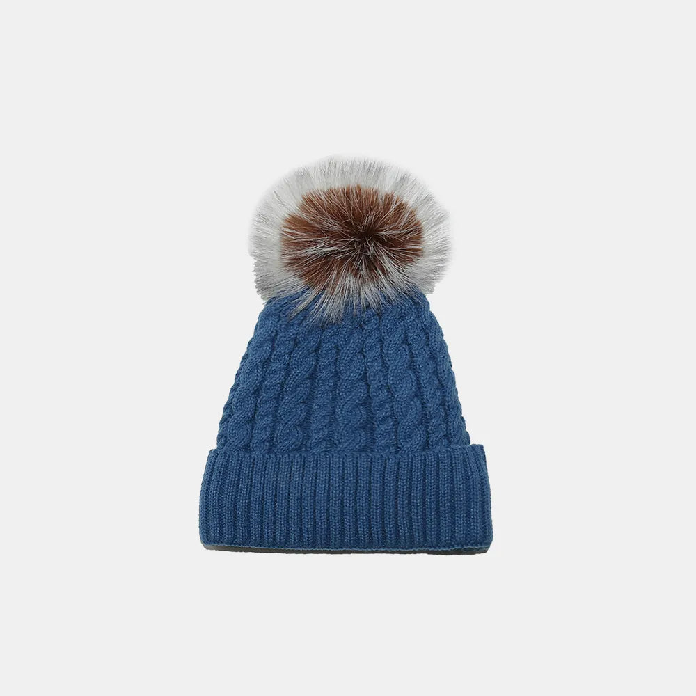 Cable Knit Winter Hat with Pompom Peacock Blue One Size - Fashorio