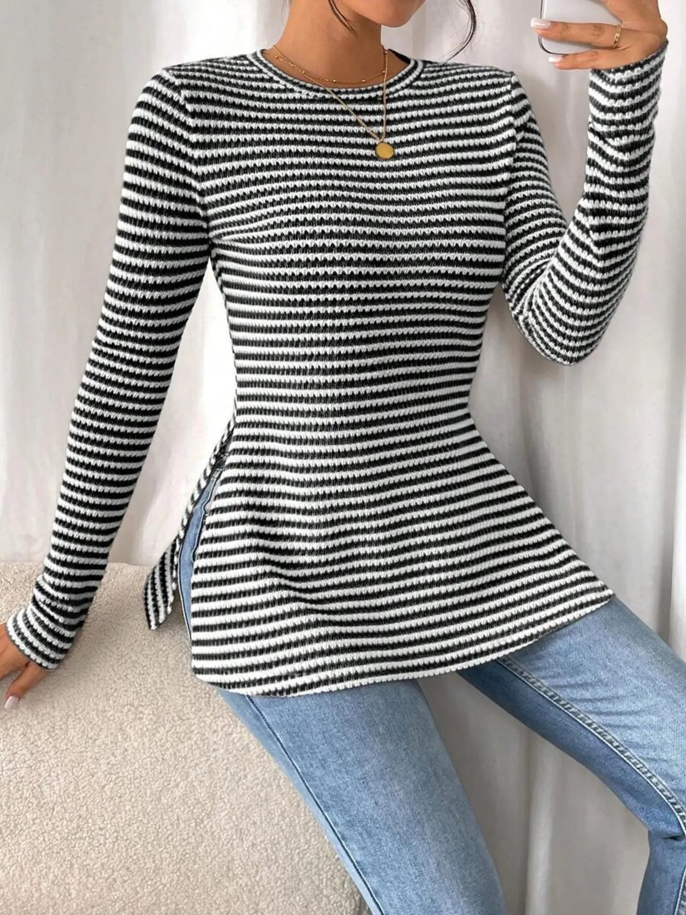 Side Slit Striped Long Sleeve T-Shirt - Fashorio