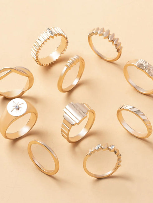 10-Piece 18K Gold-Plated Geometric Ring - Fashorio