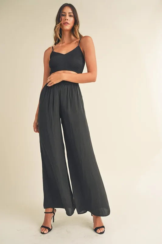 MABLE Smocked Bralette Crop Top and Wide Leg Pants Set - Fashorio