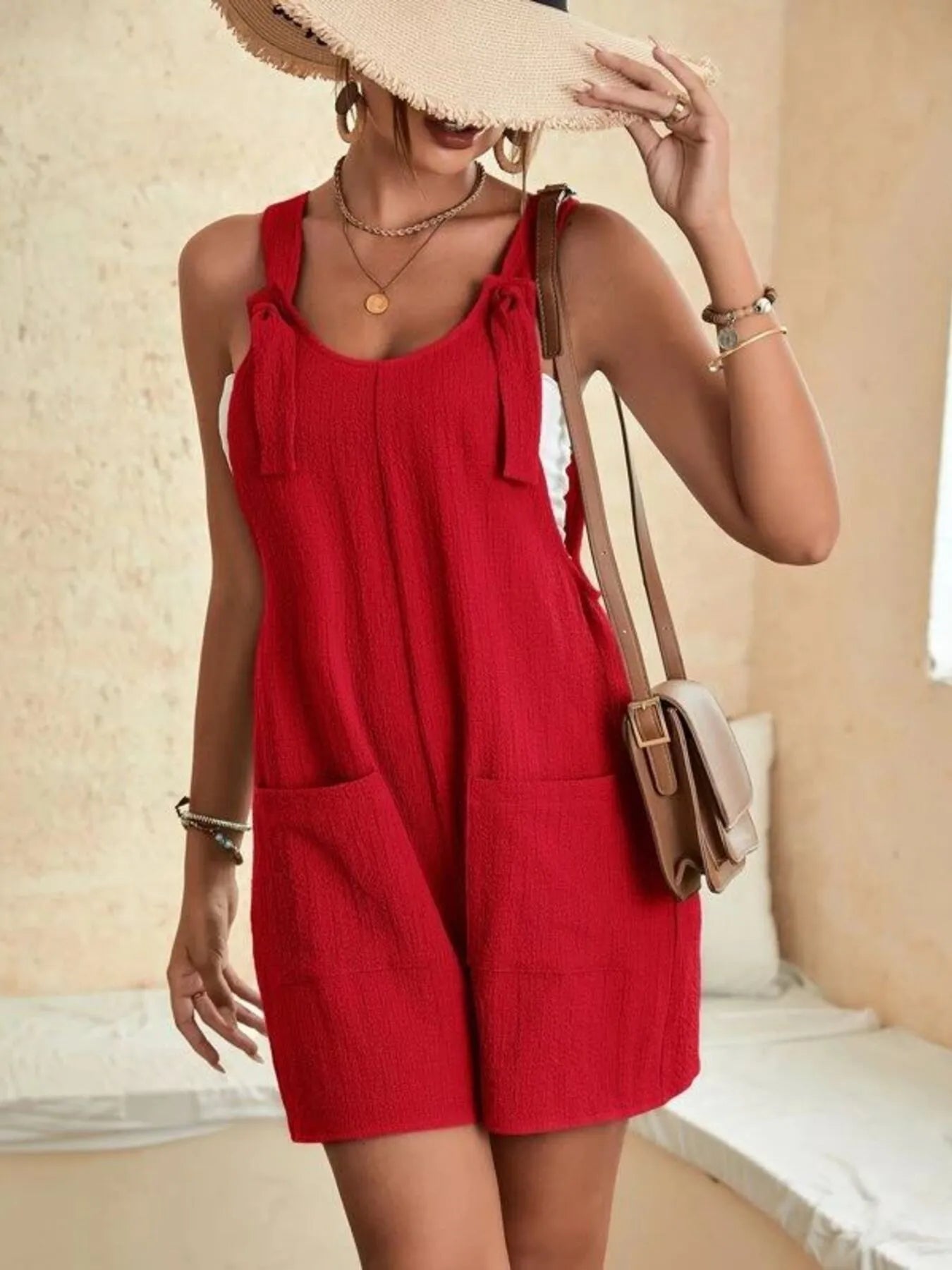 Full Size Knot Strap Romper with Pockets Plus Size - Fashorio