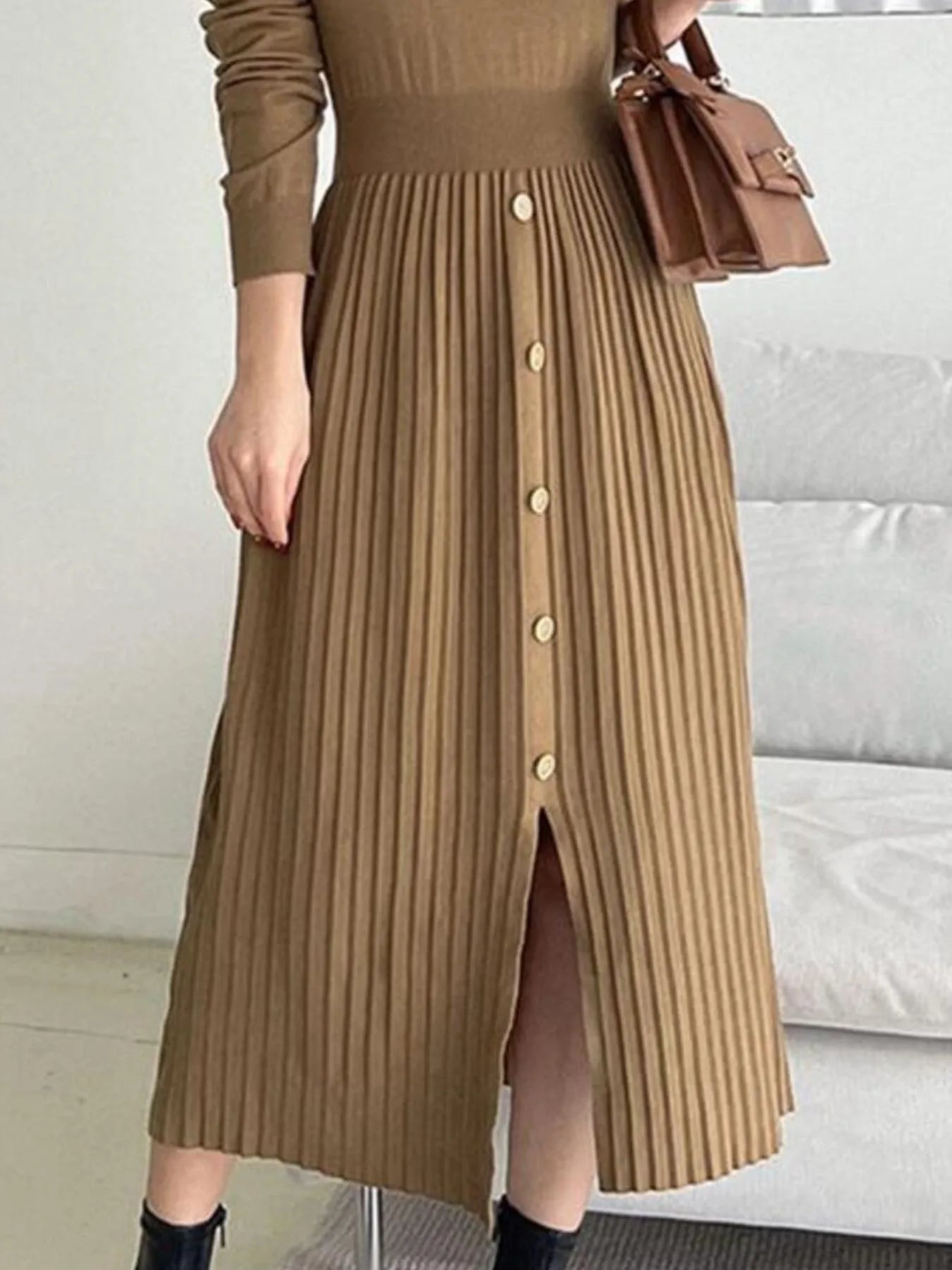 Slit Front Mock Neck Long Sleeve Knit Dress - Fashorio