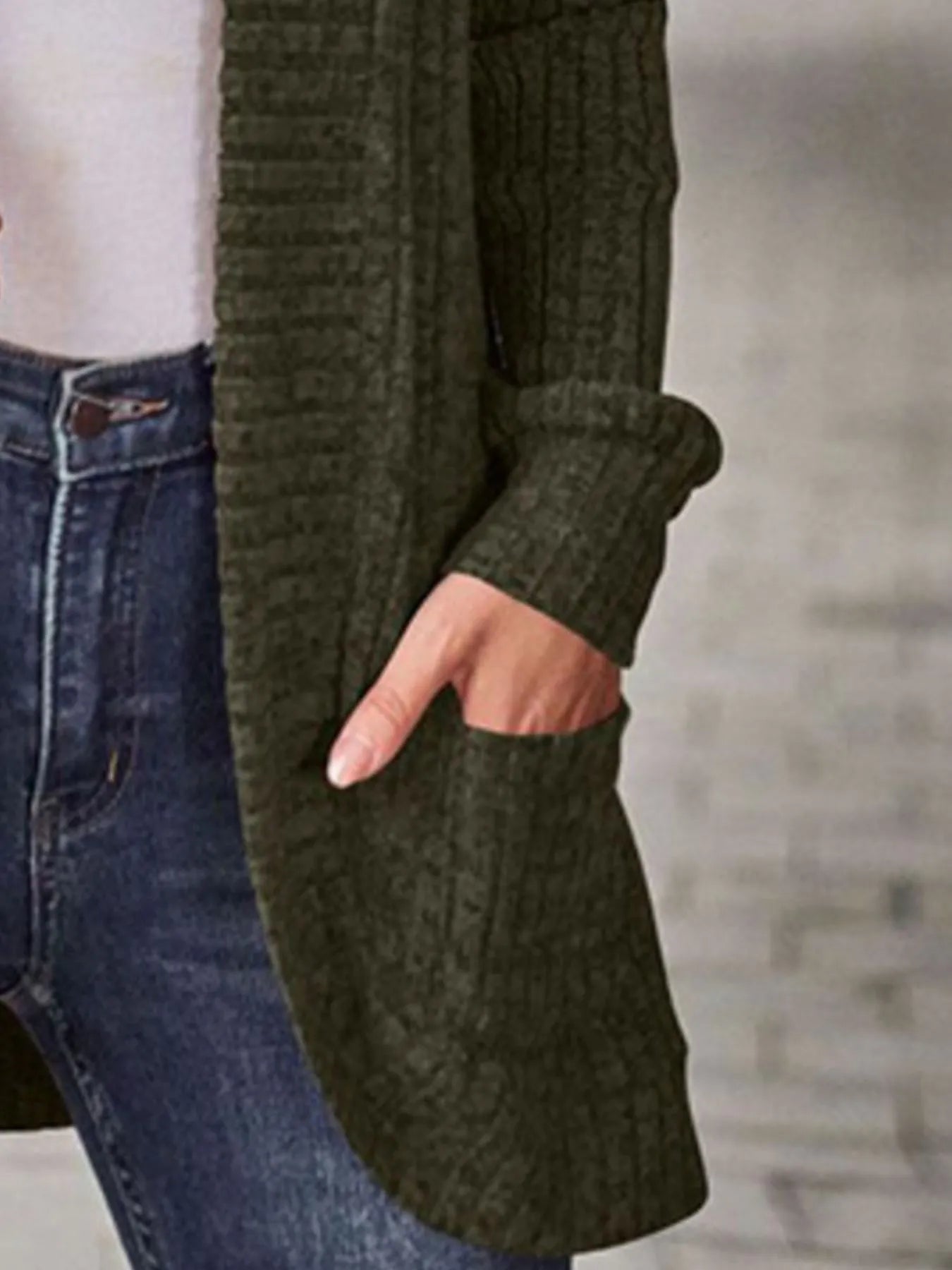 Ribbed Knit Open Front Cardigan with Pockets - Fashorio