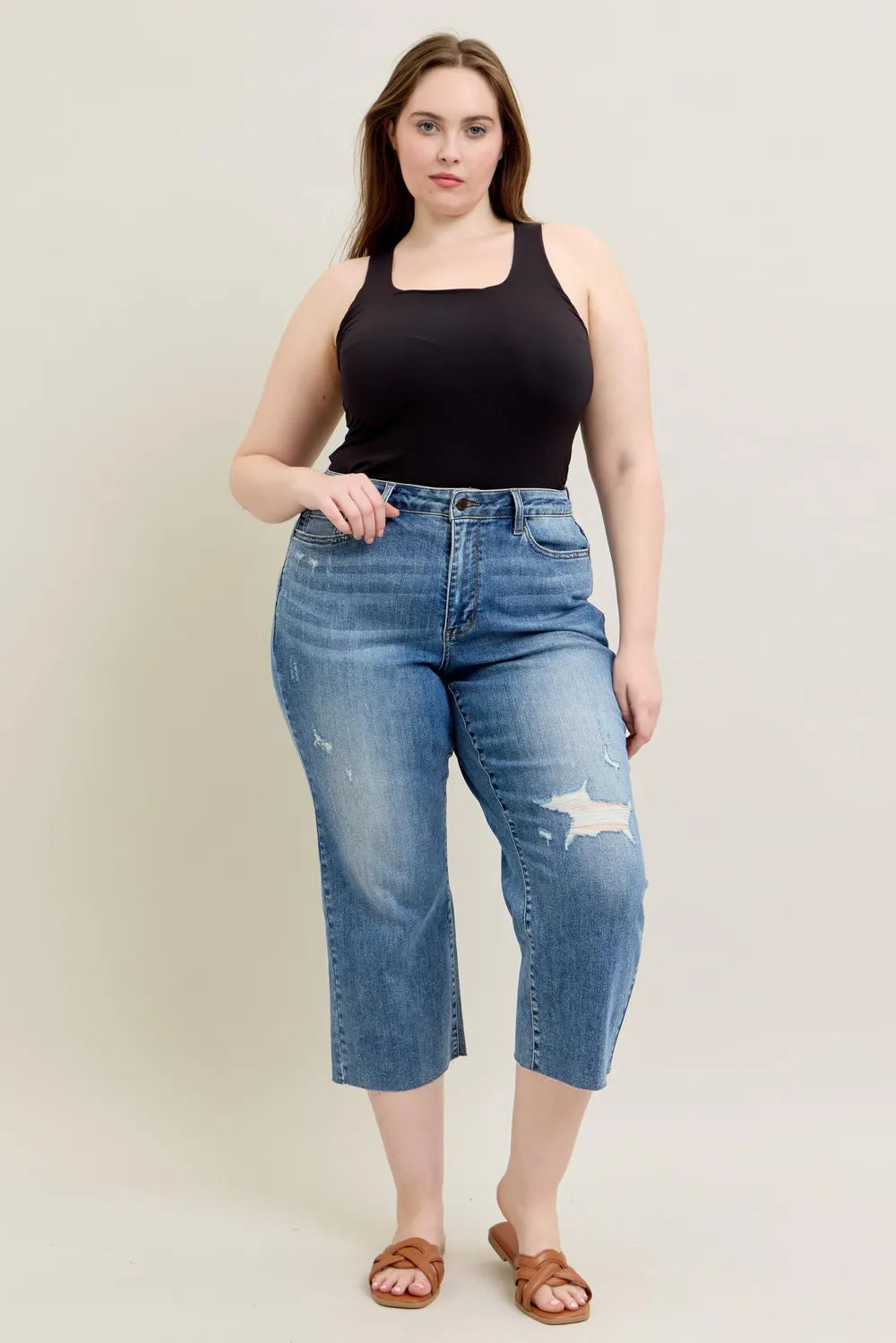 Judy Blue Plus Size High Waist Crop Wide Leg Jeans – Distressed - Fashorio