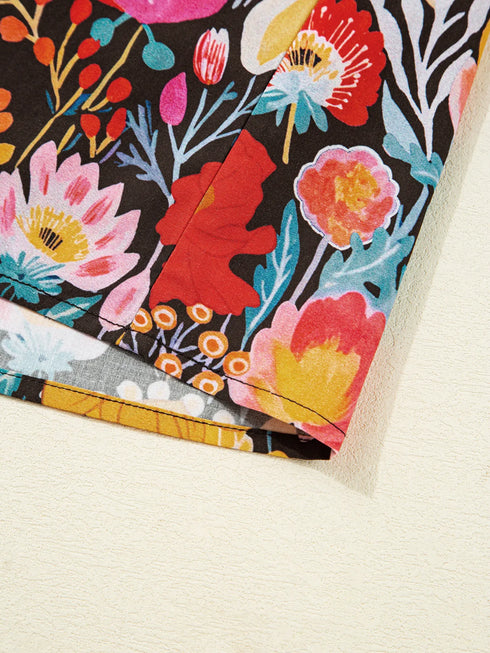 Floral 3/4 Puff Sleeve Tied Neck Blouse - Fashorio