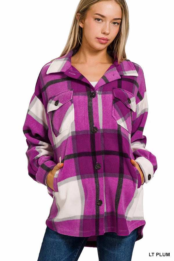Oversized Purple Plaid Fleece Shacket with Chest Pockets LT PLUM - Fashorio