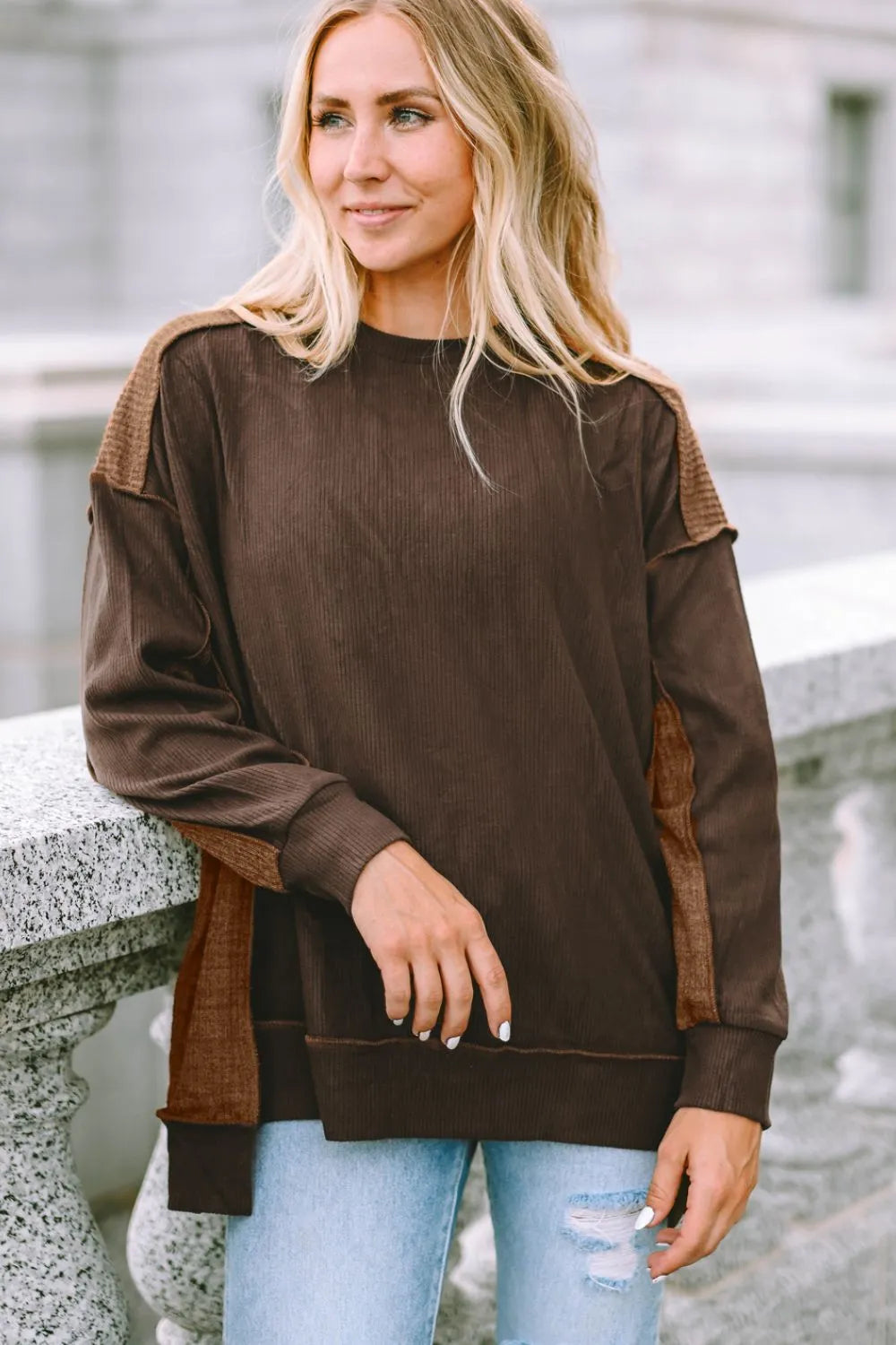 Ribbed Exposed Seam Dropped Shoulder Blouse - Fashorio