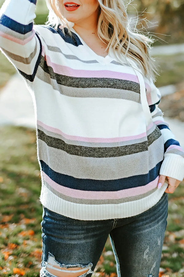 Plus Size Striped Long Sleeve Hooded Sweater Stripe - Fashorio