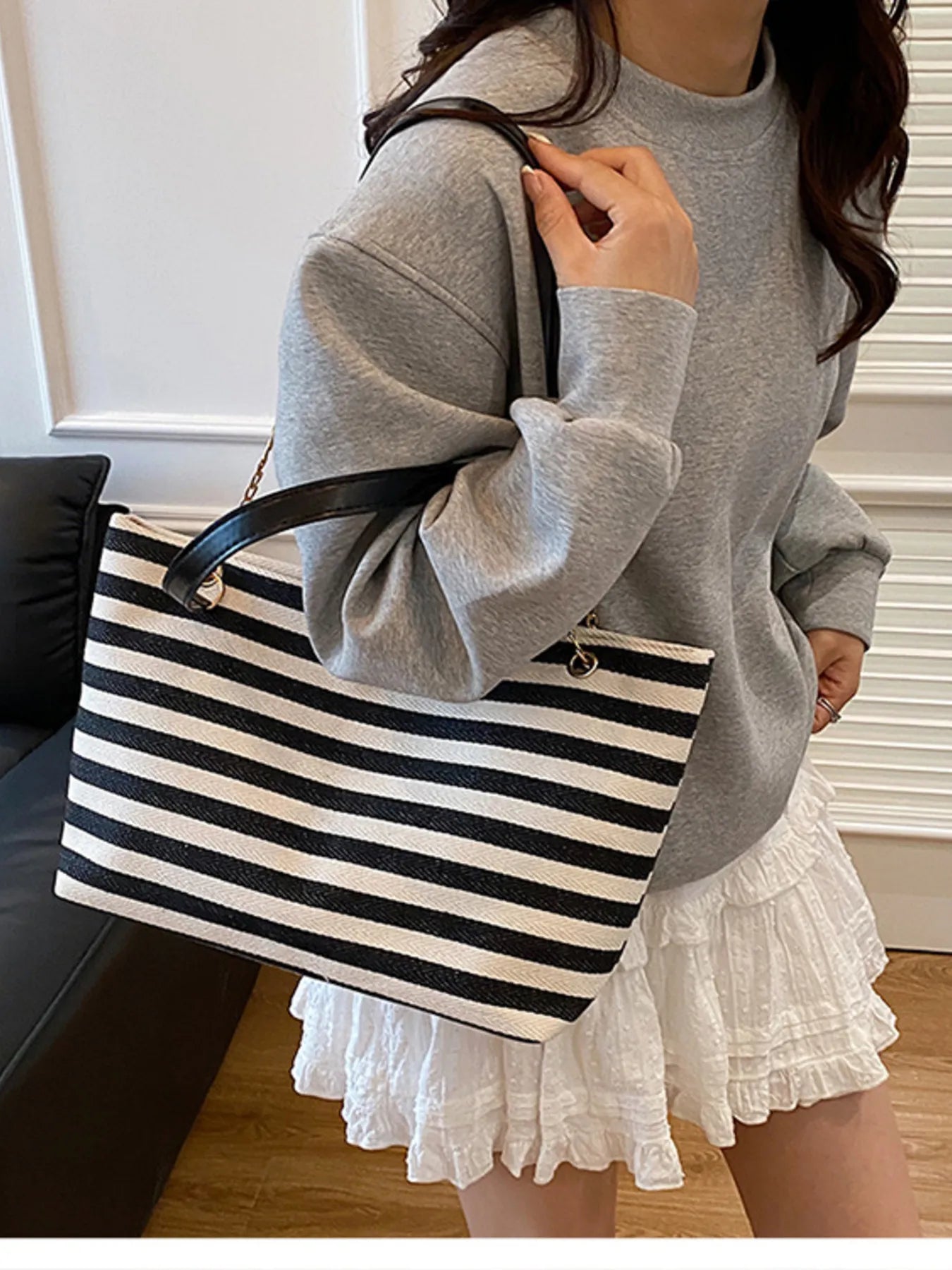 Striped Shoulder Bag with Chain Detail Black One Size - Fashorio