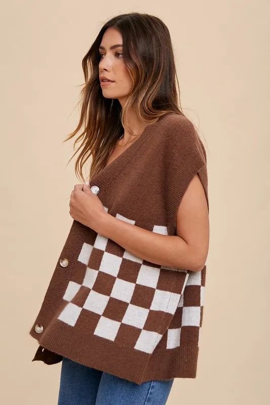 Annie Wear Checkered Button Down Short Sleeve Cardigan - Fashorio